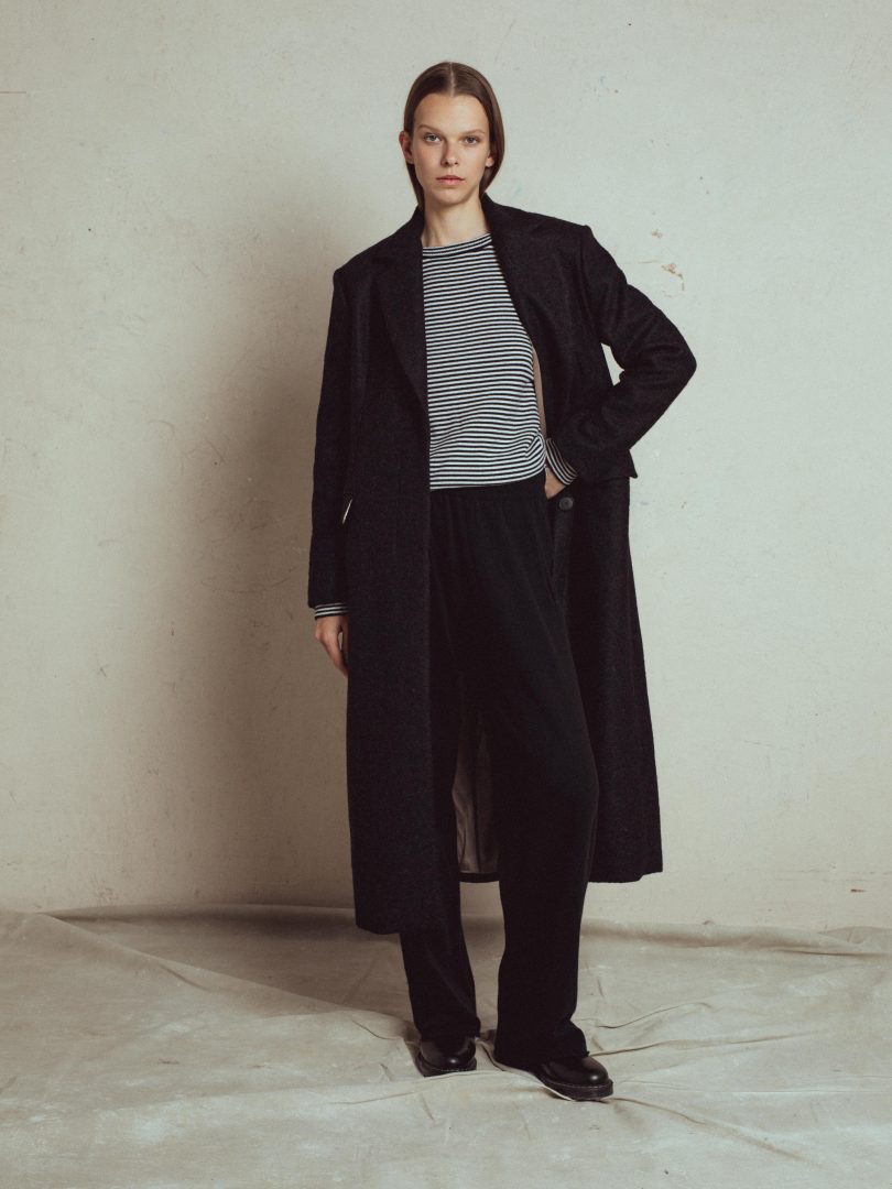 loose straight fit long coat bitter, classic men style silhouette with shoulder pads, satin lining, long slit at the back,  with side pockets with flaps, front hidden buttons.