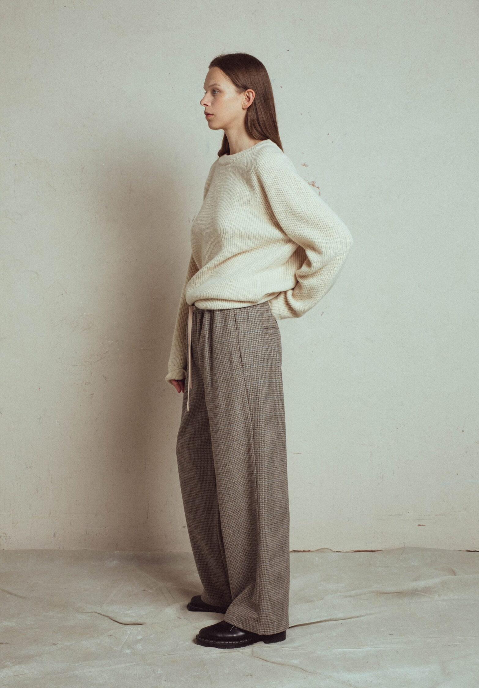 wide wool pants neon with elastic waist, italian fabric 100% wool, loose straight fit, wide trousers, elastic waistband with strap, with side pockets