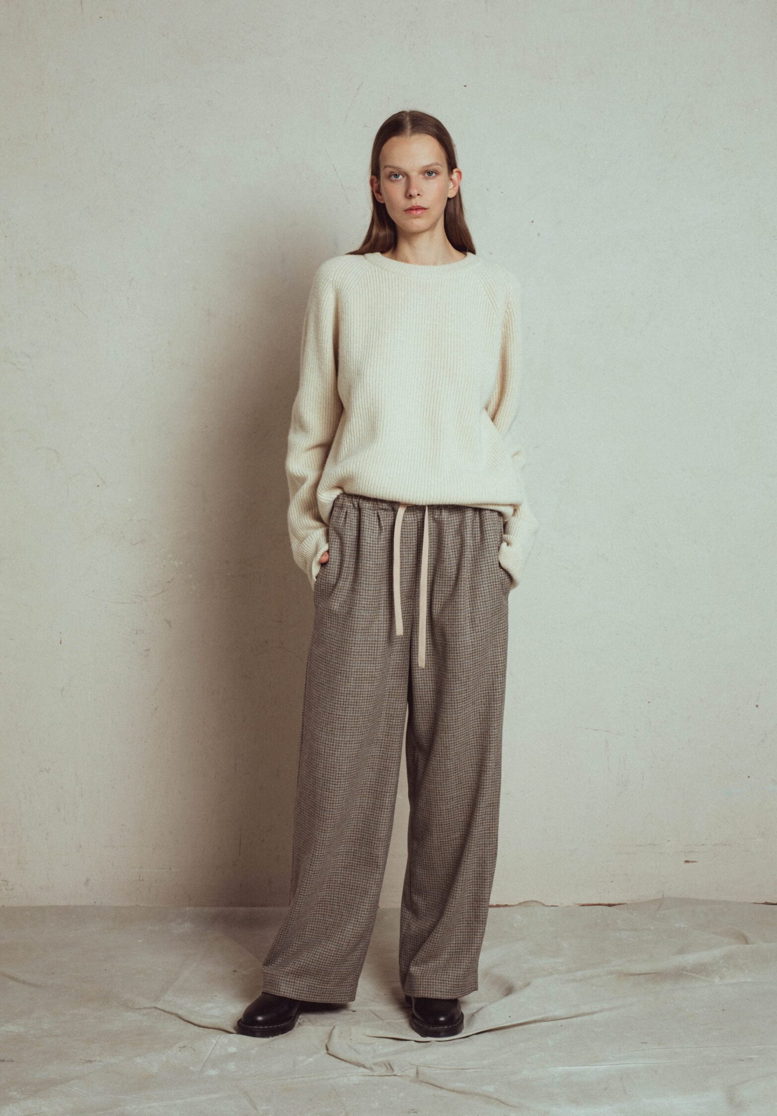 wide wool pants neon with elastic waist, italian fabric 100% wool, loose straight fit, wide trousers elastic waistband with strap, with side pockets.