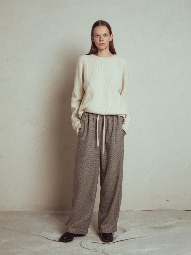 wide wool pants neon with elastic waist, italian fabric 100% wool, loose straight fit, wide trousers elastic waistband with strap, with side pockets.