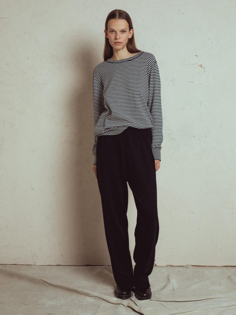 lightweight knit straight pants glad with elastic waist, with side and back pockets italian yarn, 90% merino wool,  10% cashmere.