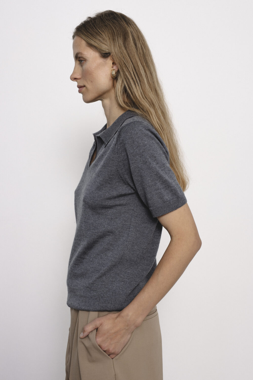 Women's clothing fashion. Nora4 top mid grey from unlabel f/w 25'26 collection. Minimalist style, modern design, premium quality womenswear. Made in Lithuania.