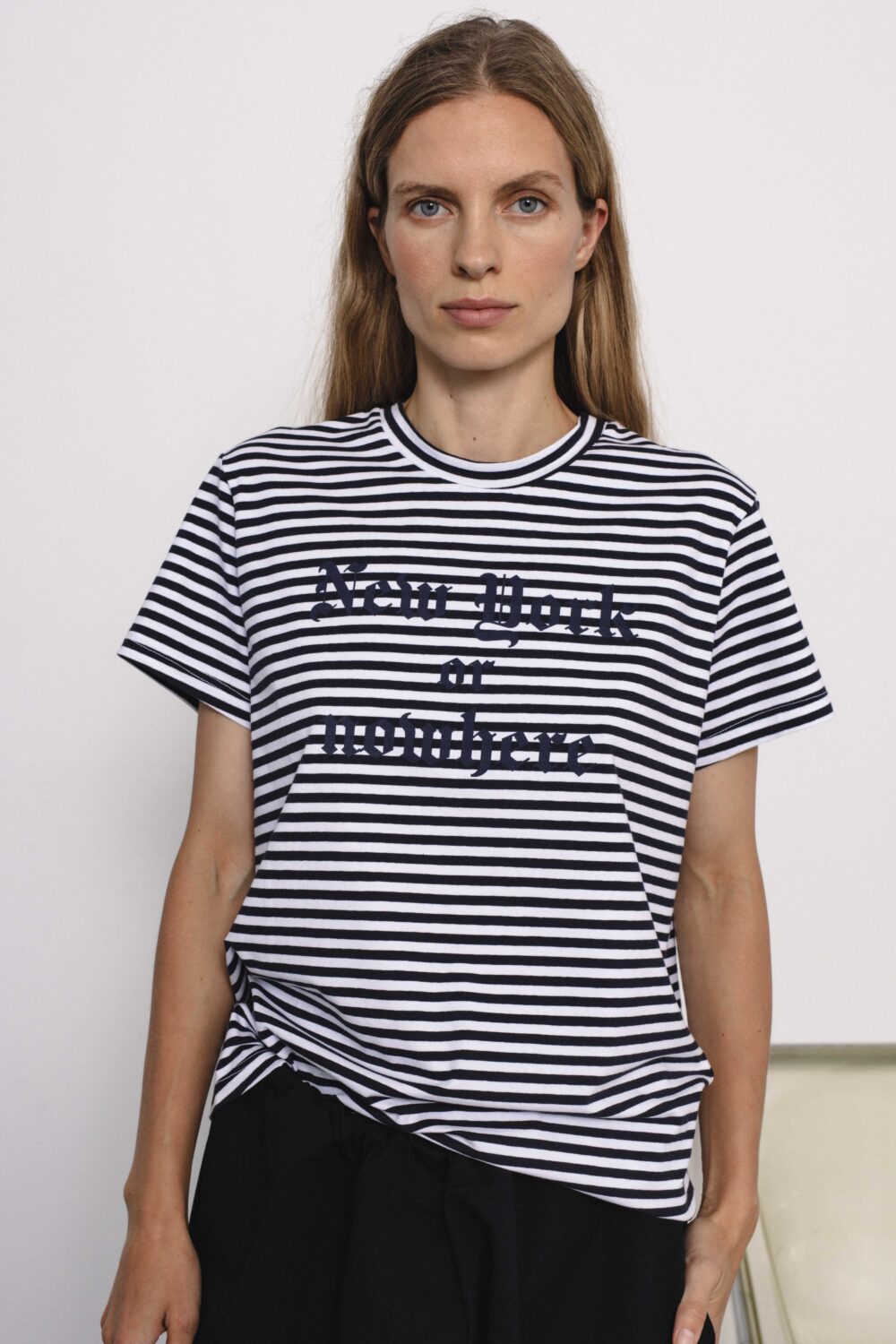Women's clothing fashion. rhode4 t shirt New York or nowhere from unlabel f/w 25'26 collection. Minimalist style, modern design, premium quality womenswear. Made in Lithuania.