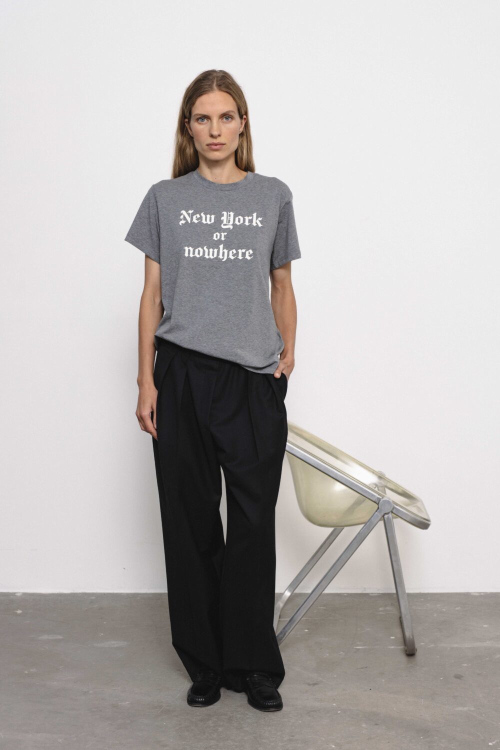 Women's clothing fashion. rhode4 t shirt New York or nowhere from unlabel f/w 25'26 collection. Minimalist style, modern design, premium quality womenswear. Made in Lithuania.