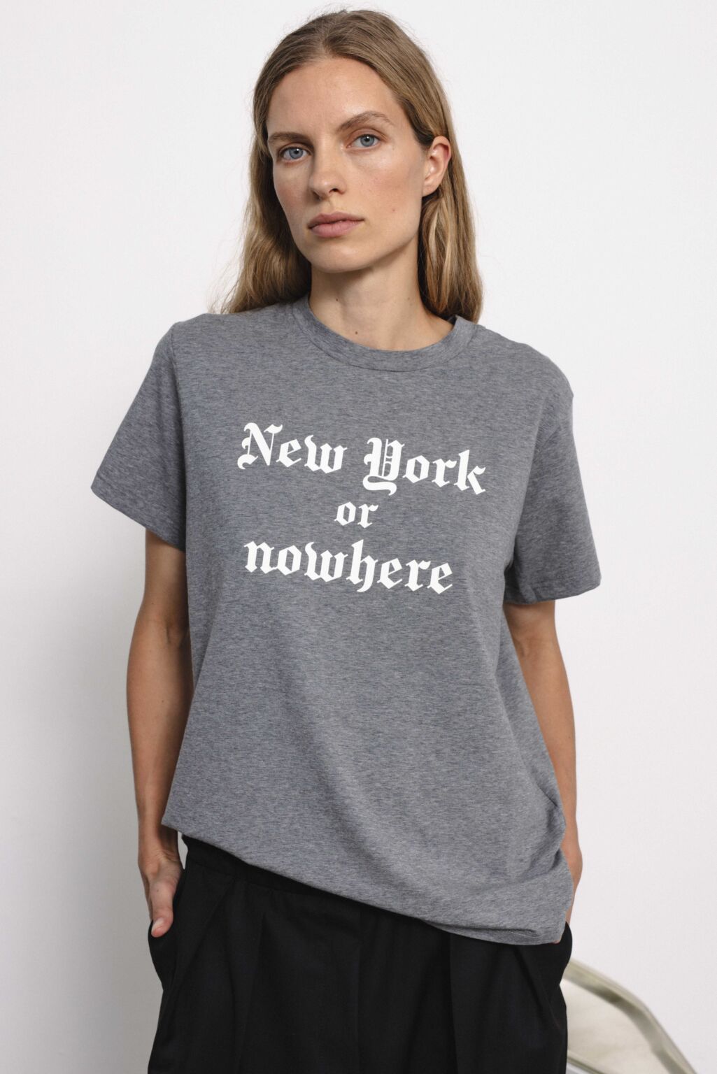 Women's clothing fashion. rhode4 t shirt New York or nowhere from unlabel f/w 25'26 collection. Minimalist style, modern design, premium quality womenswear. Made in Lithuania.