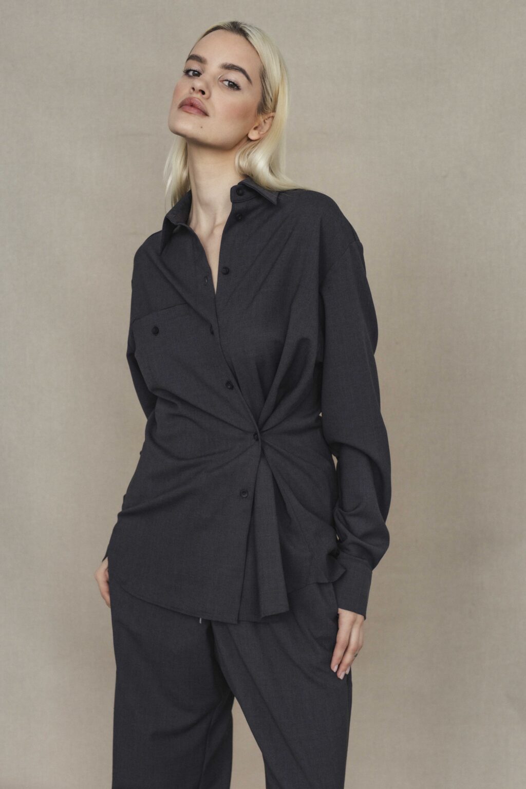 Women's clothing fashion. Gail shirt from unlabel f/w 25'26 collection. Minimalist style, modern design, premium quality womenswear. Made in Lithuania.