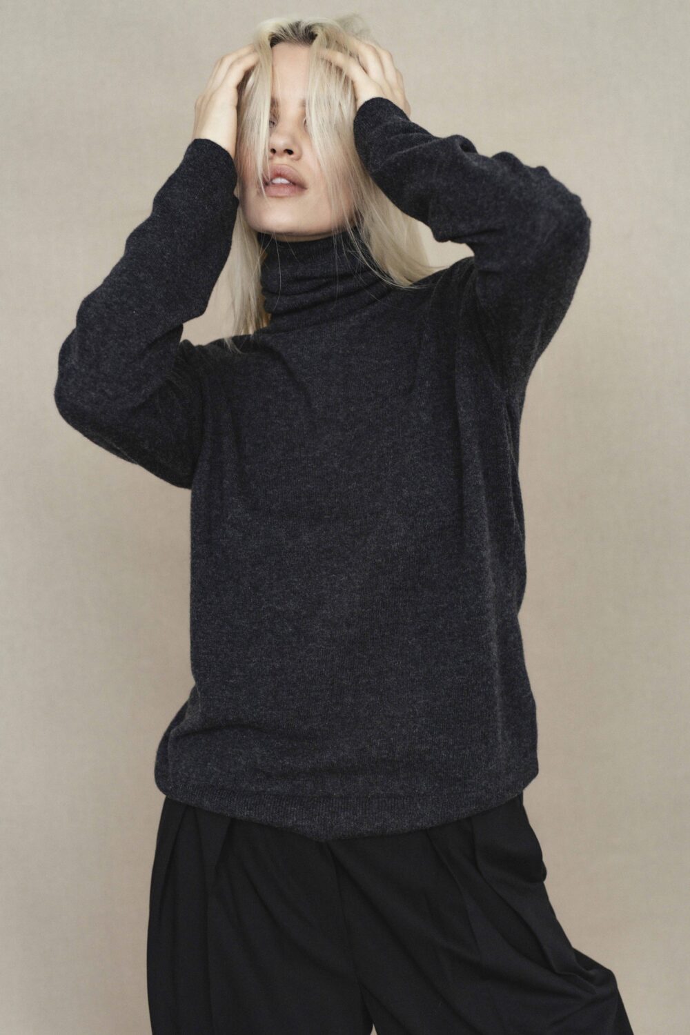 Women's clothing fashion. Lucy1 highneck from unlabel f/w 25'26 collection. Minimalist style, modern design, premium quality womenswear. Made in Lithuania.