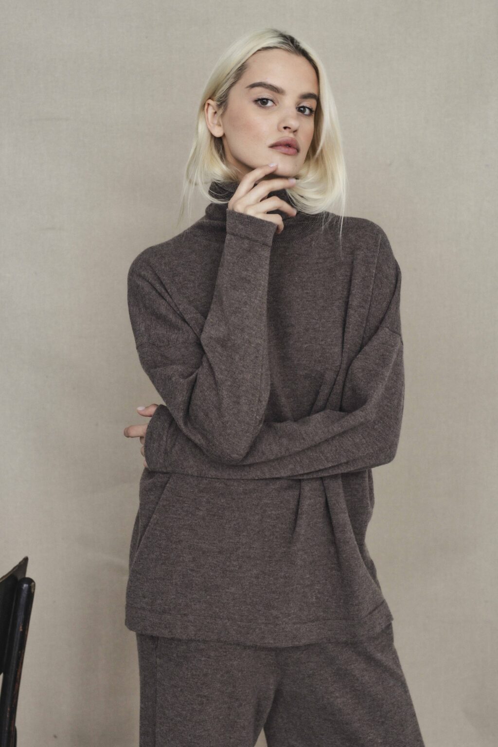 Women's clothing fashion. Zoey2 sweater from unlabel f/w 25'26 collection. Minimalist style, modern design, premium quality womenswear. Made in Lithuania.