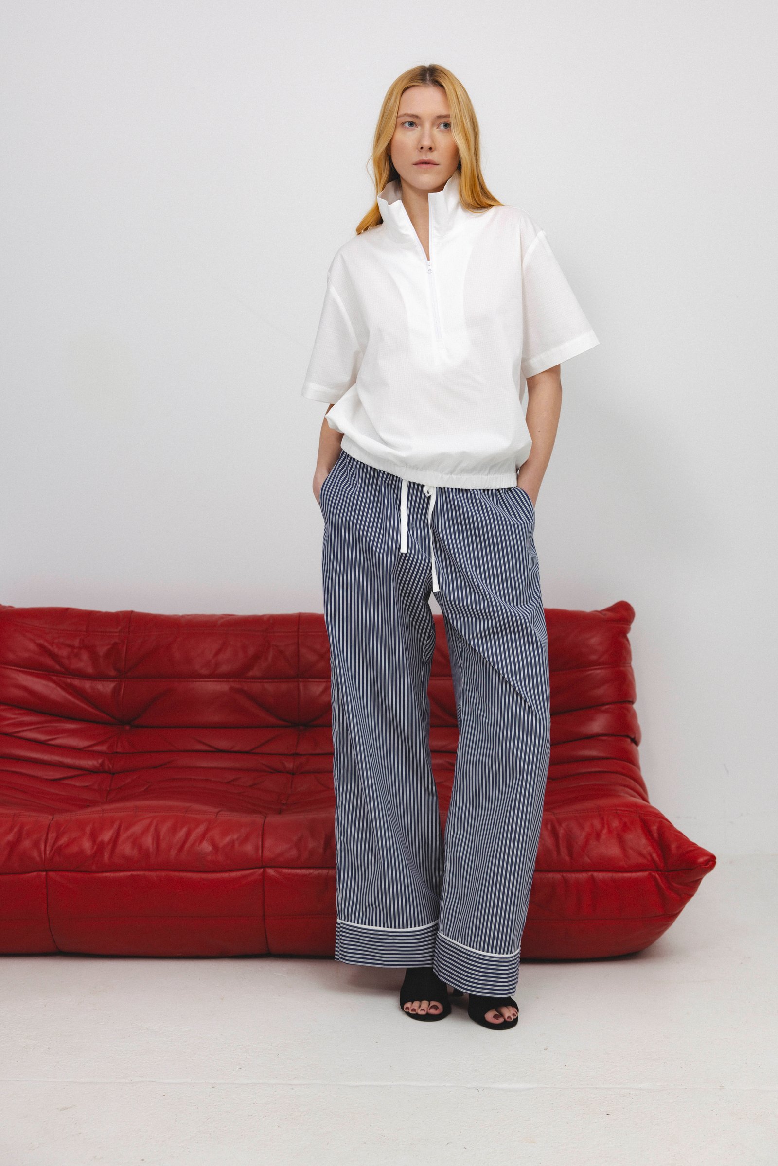 Lola1 pants blue white stripes | unlabel Women's clothing fashion. Lola1 pants blue white stripes from unlabel f/w 25'26 collection. Minimalist style, modern design, premium quality womenswear. Made in Lithuania.