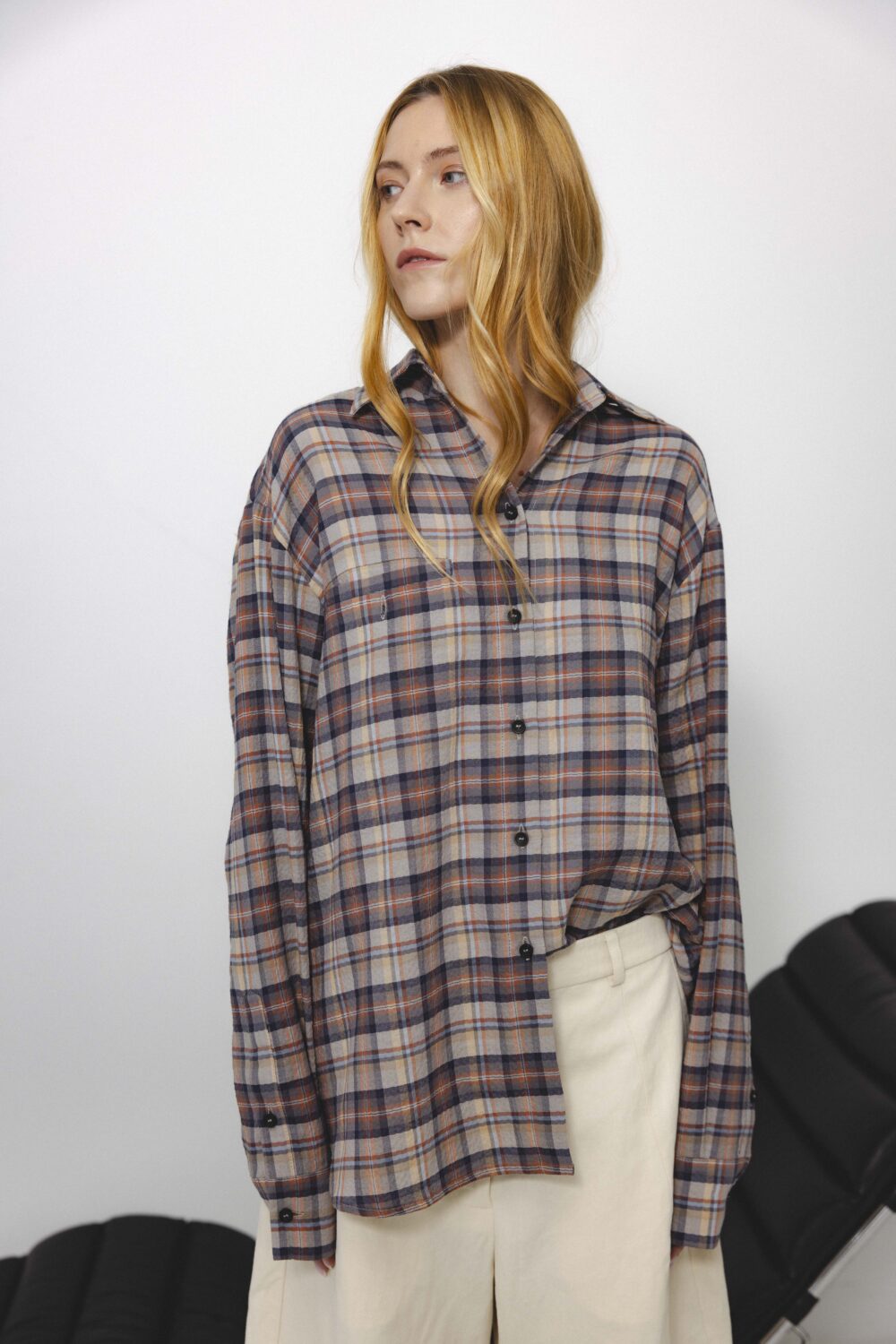 Women's clothing fashion. Pour shirt from unlabel f/w 25'26 collection. Minimalist style, modern design, premium quality womenswear. Made in Lithuania.