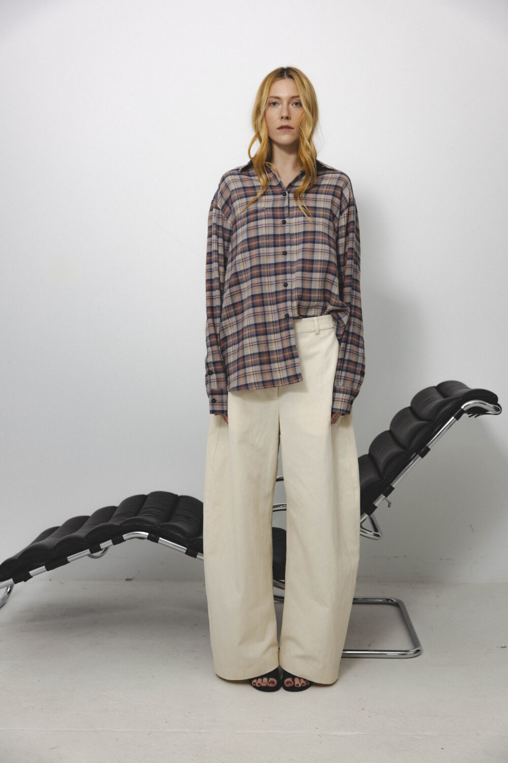 Women's clothing fashion. Pour shirt from unlabel f/w 25'26 collection. Minimalist style, modern design, premium quality womenswear. Made in Lithuania.
