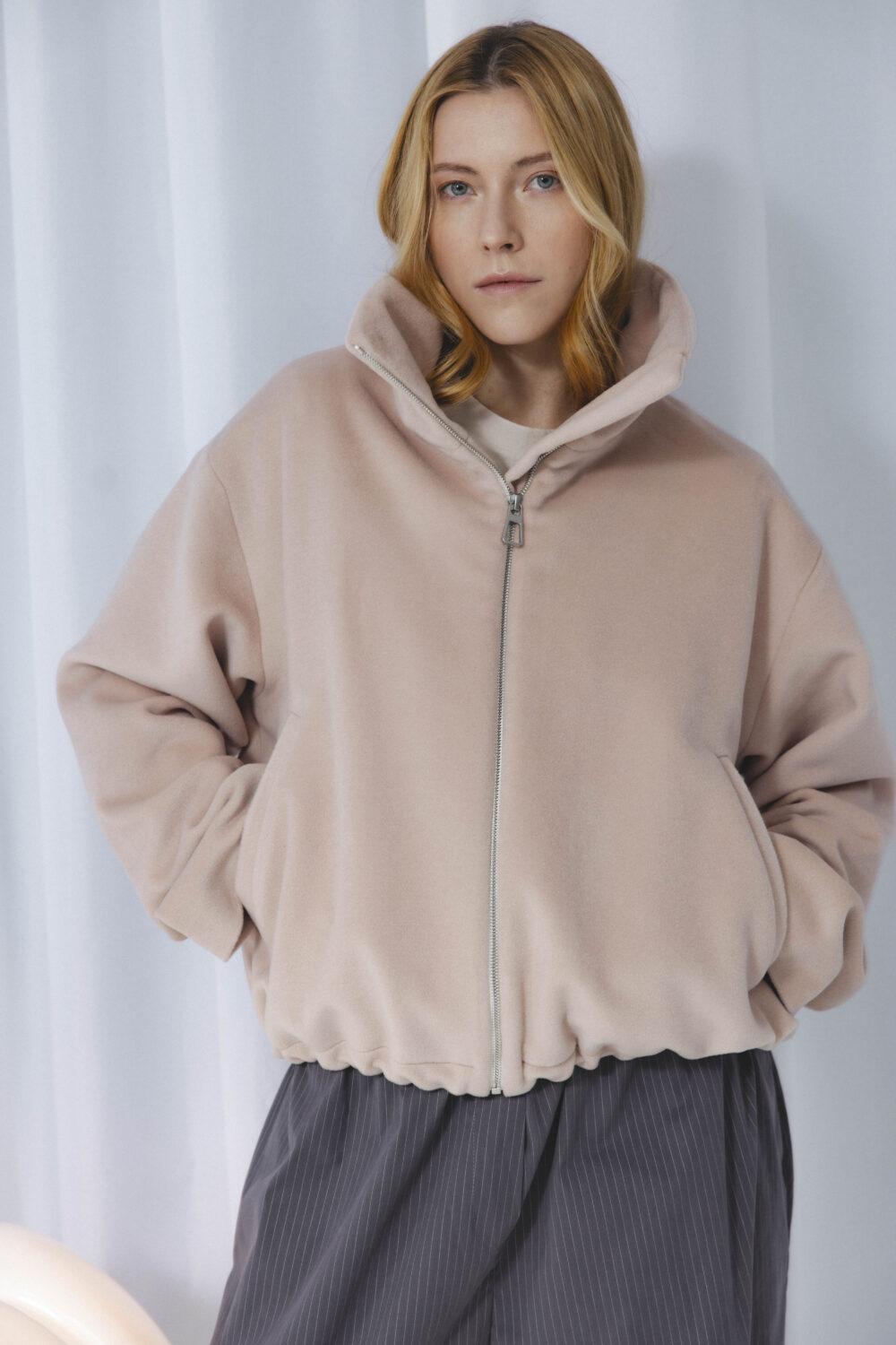 Women's clothing fashion. Rhode bomber from unlabel f/w 25'26 collection. Minimalist style, modern design, premium quality womenswear. Made in Lithuania.