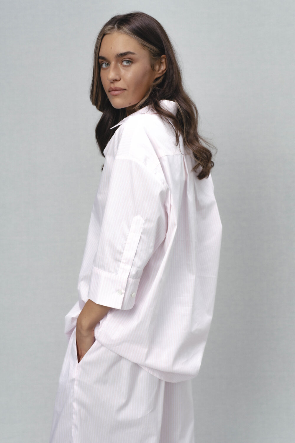 Women's clothing fashion. Berta shirt from unlabel ss/26 collection. Minimalist style, modern design, premium quality womenswear. Made in Lithuania.