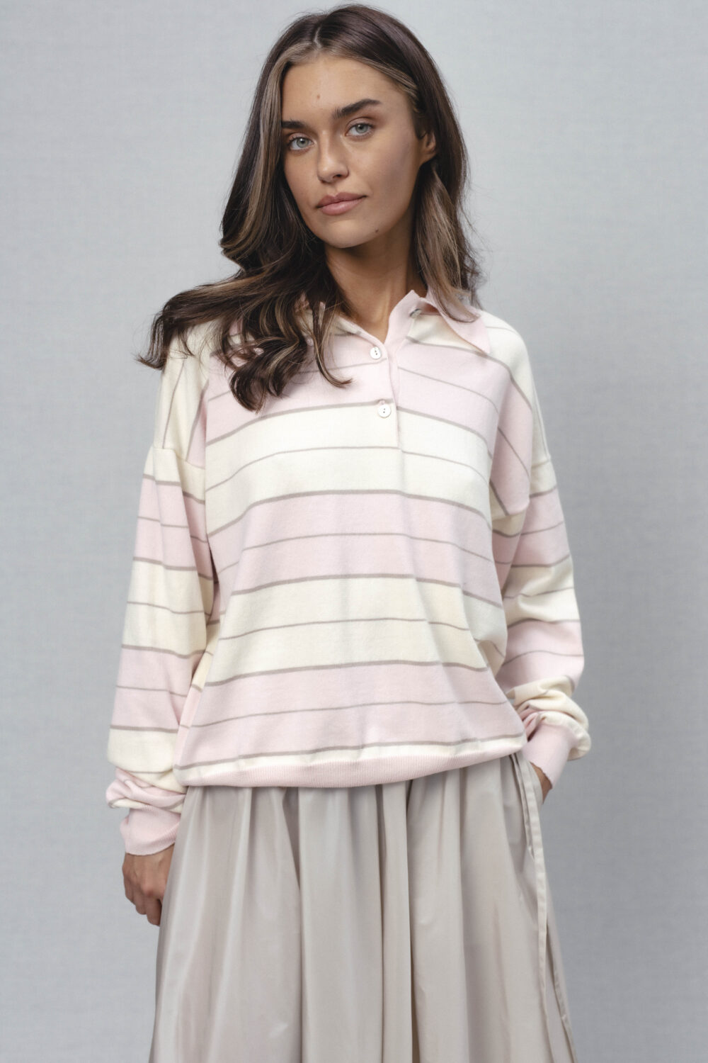 Women's clothing fashion. Drizzle1 striped polosweater from unlabel ss/26 collection. Minimalist style, modern design, premium quality womenswear. Made in Lithuania.