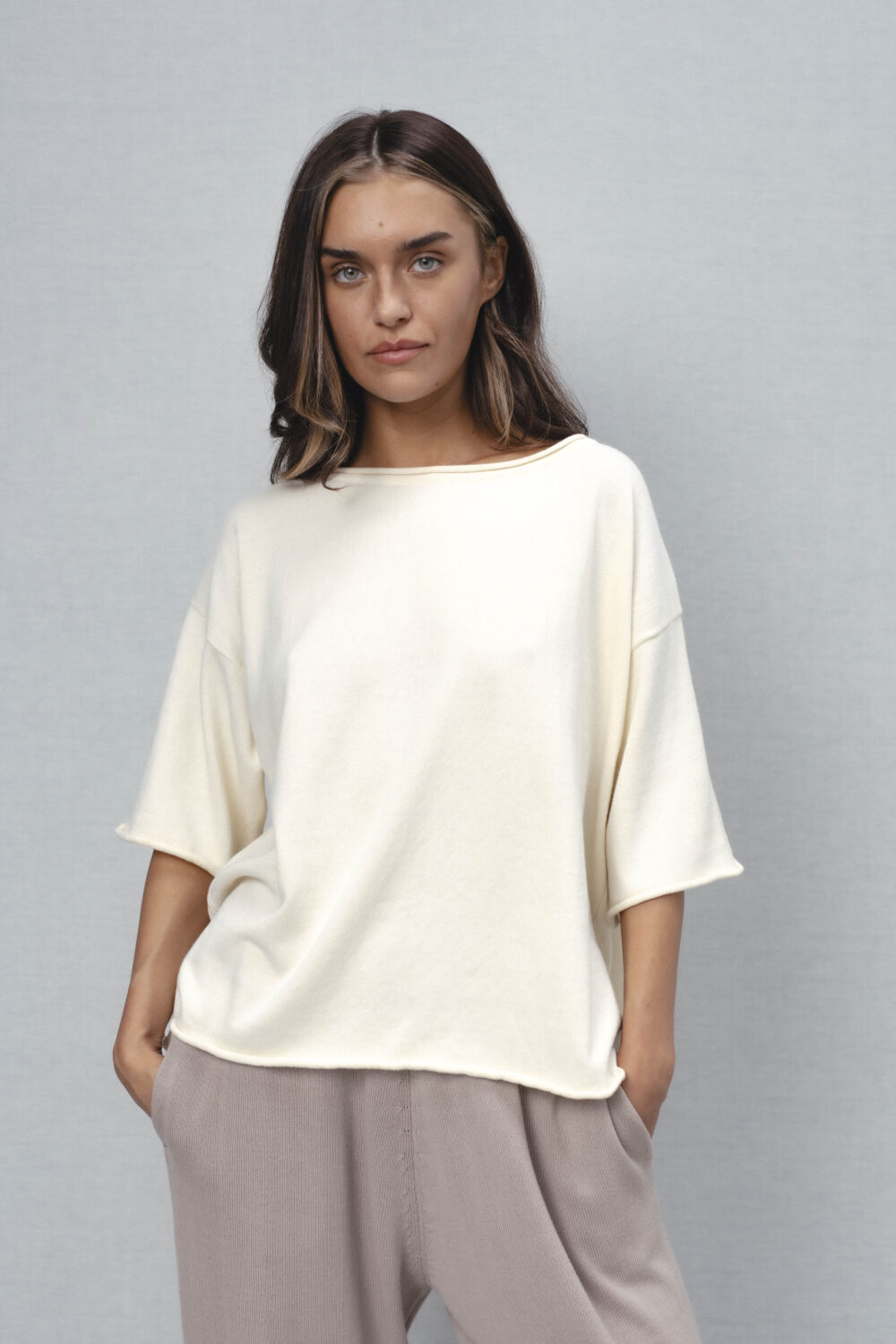 Women's clothing fashion. Lia1 solid top from unlabel ss/26 collection. Minimalist style, modern design, premium quality womenswear. Made in Lithuania.
