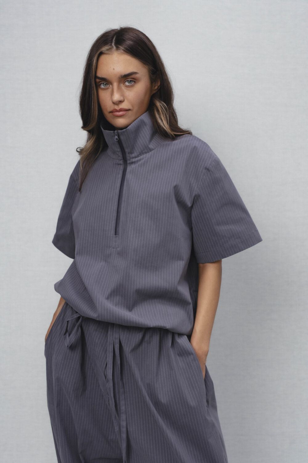 Women's clothing fashion. Mood2 shirt from unlabel ss/26 collection. Minimalist style, modern design, premium quality womenswear. Made in Lithuania.