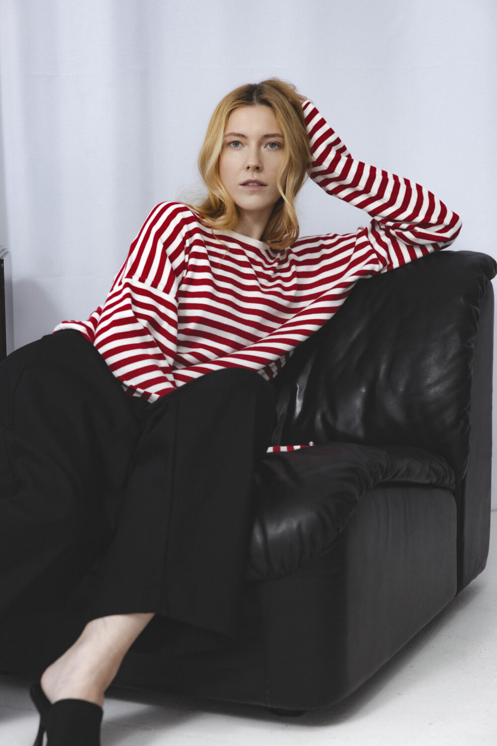 Women's clothing fashion. Nell sweater longsleeve stripes from unlabel ss/26 collection. Minimalist style, modern design, premium quality womenswear. Made in Lithuania.