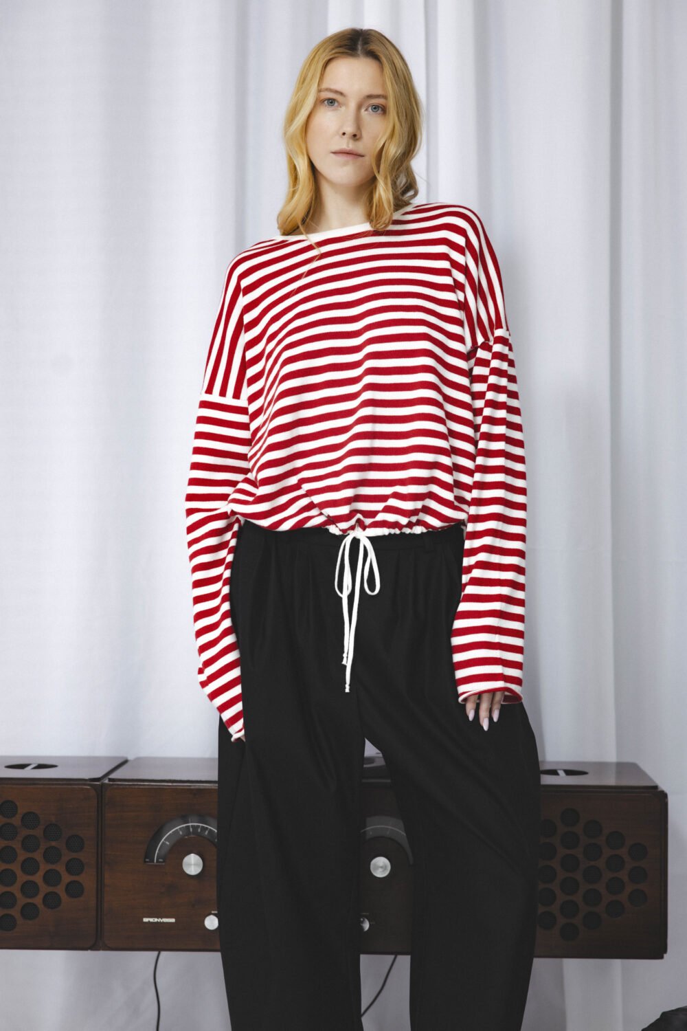 Women's clothing fashion. Nell sweater longsleeve stripes from unlabel ss/26 collection. Minimalist style, modern design, premium quality womenswear. Made in Lithuania.