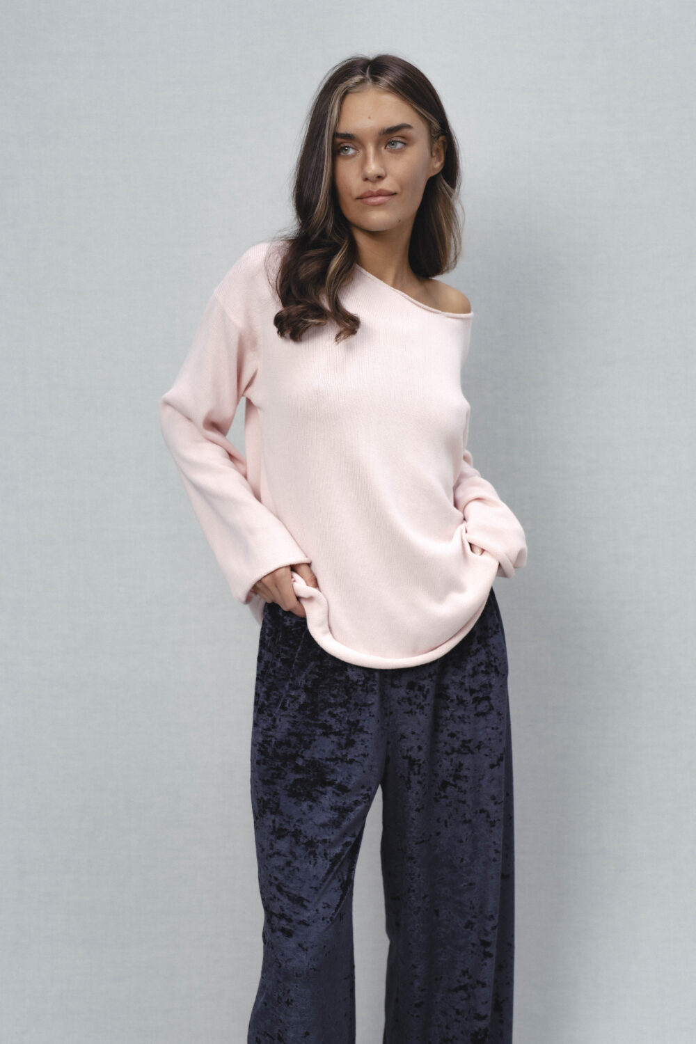 Women's clothing fashion. Rime1 sweater longsleeve from unlabel ss/26 collection. Minimalist style, modern design, premium quality womenswear. Made in Lithuania.