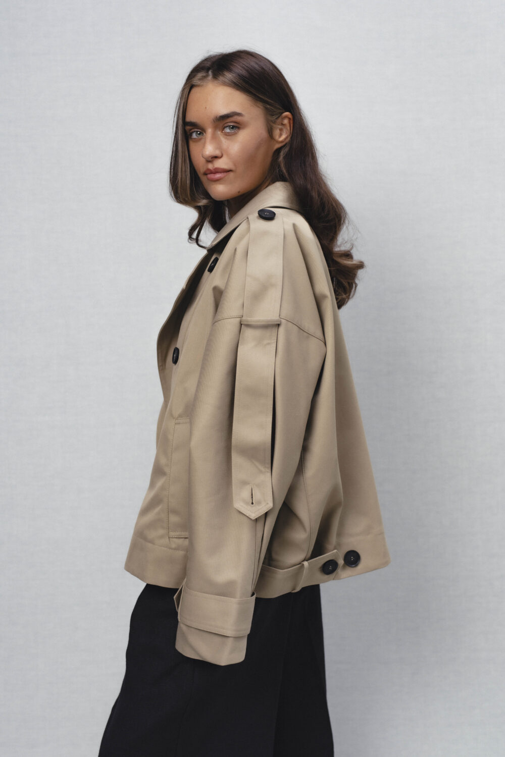 Women's clothing fashion. Shine trench from unlabel ss/26 collection. Minimalist style, modern design, premium quality womenswear. Made in Lithuania.