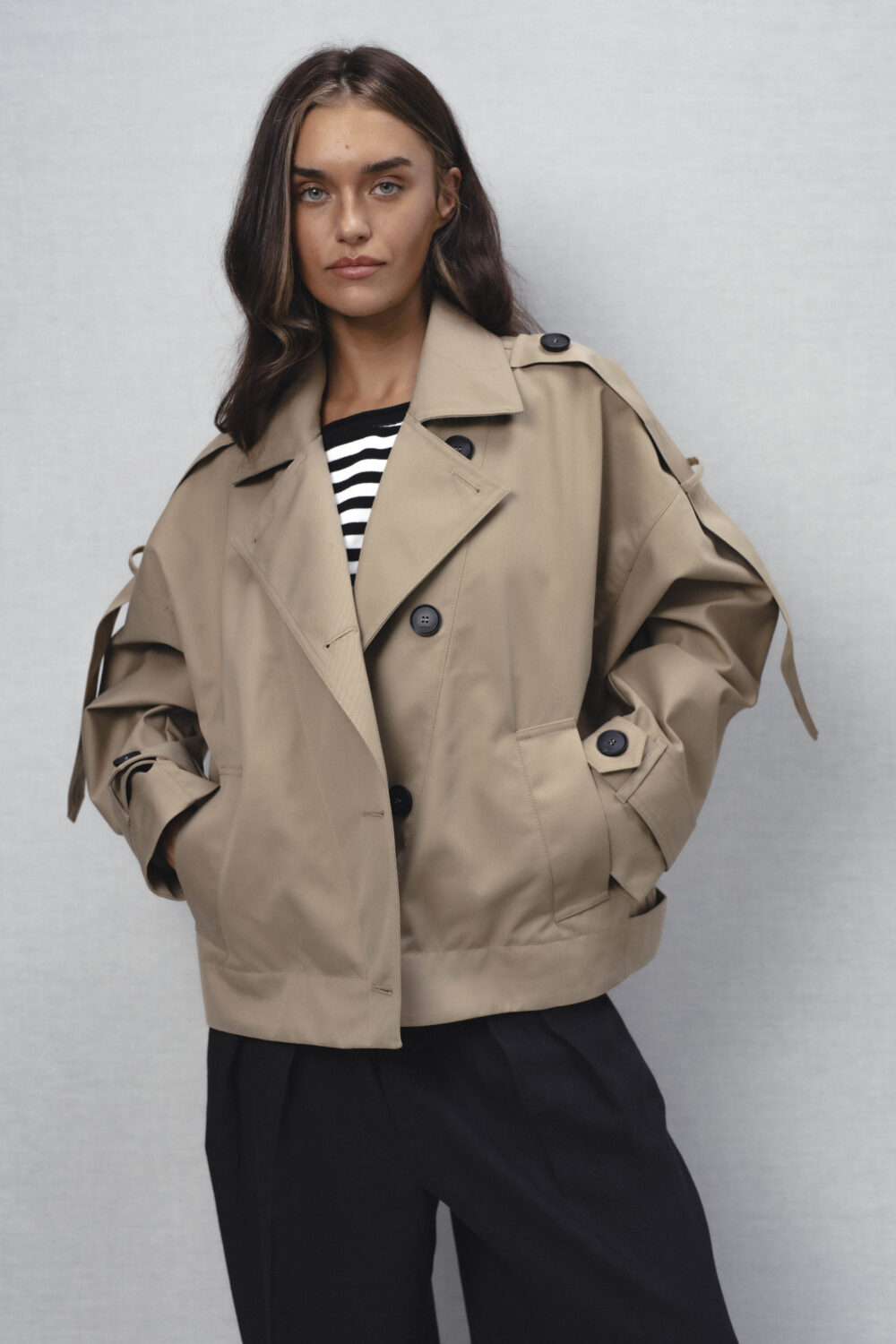 Women's clothing fashion. Shine trench from unlabel ss/26 collection. Minimalist style, modern design, premium quality womenswear. Made in Lithuania.
