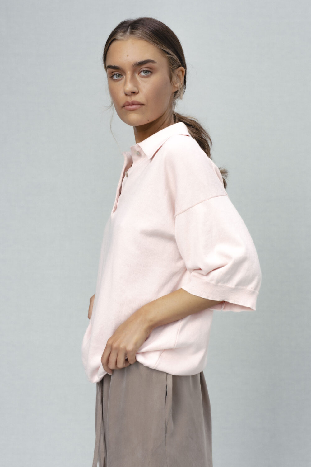 Women's clothing fashion. ink polotop from unlabel ss/26 collection. Minimalist style, modern design, premium quality womenswear. Made in Lithuania.