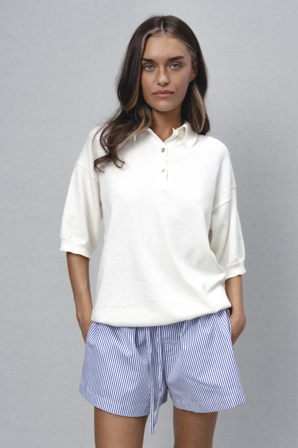 Women's clothing fashion. ink1 polotop from unlabel ss/26 collection. Minimalist style, modern design, premium quality womenswear. Made in Lithuania.