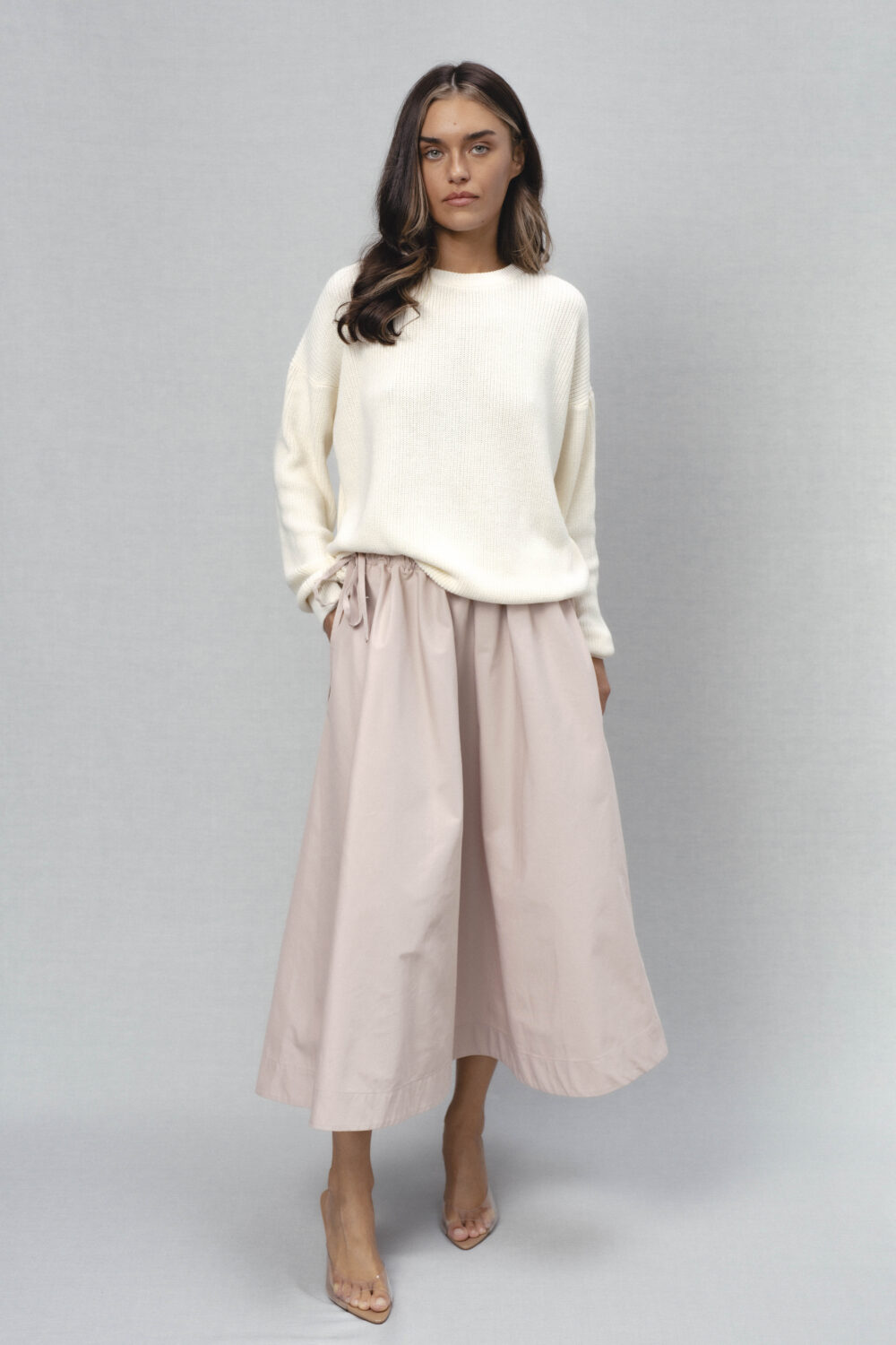 Women's clothing fashion. luna1 sweater longsleeve from unlabel ss/26 collection. Minimalist style, modern design, premium quality womenswear. Made in Lithuania.