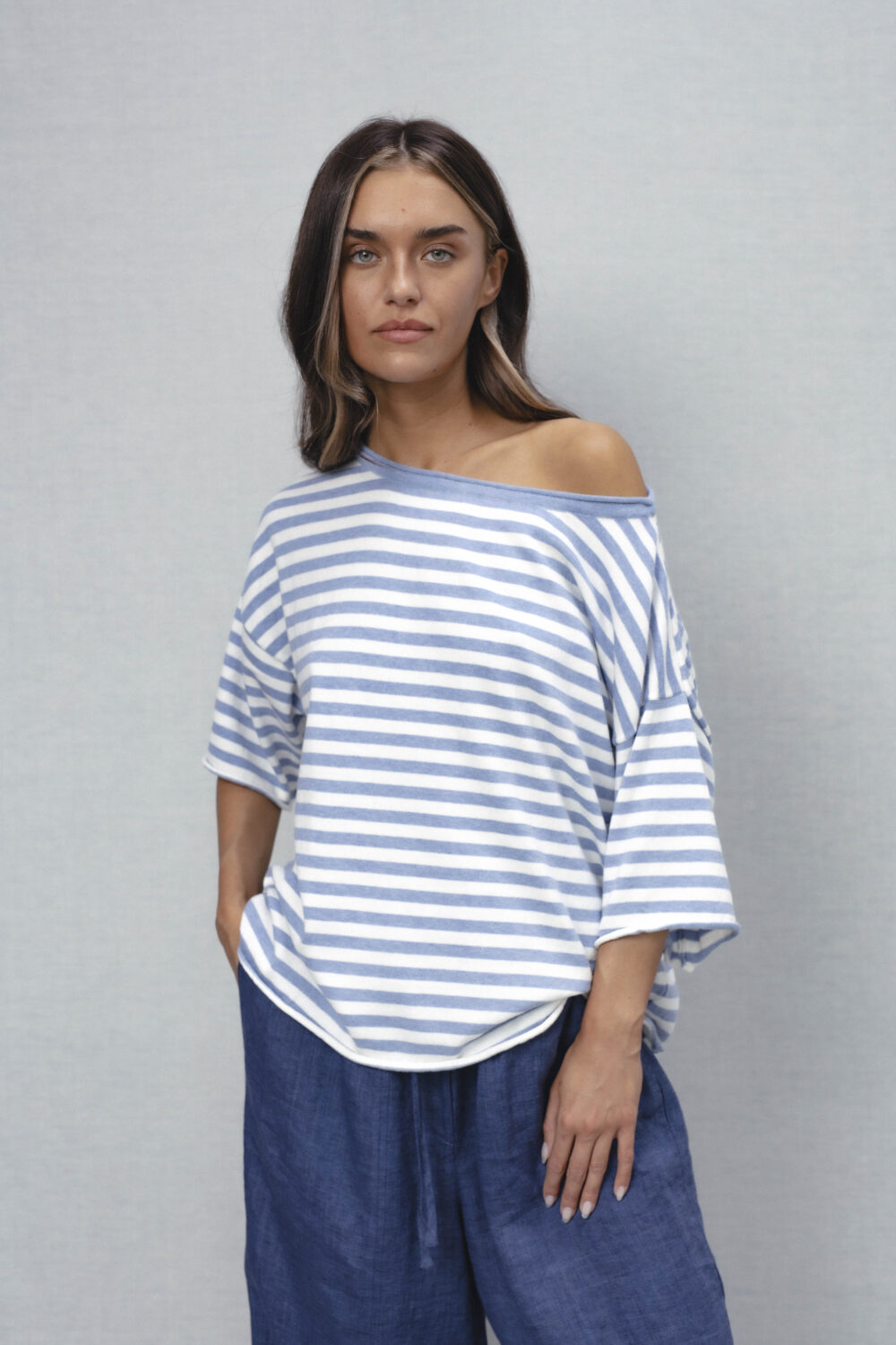 Women's clothing fashion. myla2 striped top from unlabel ss/26 collection. Minimalist style, modern design, premium quality womenswear. Made in Lithuania.