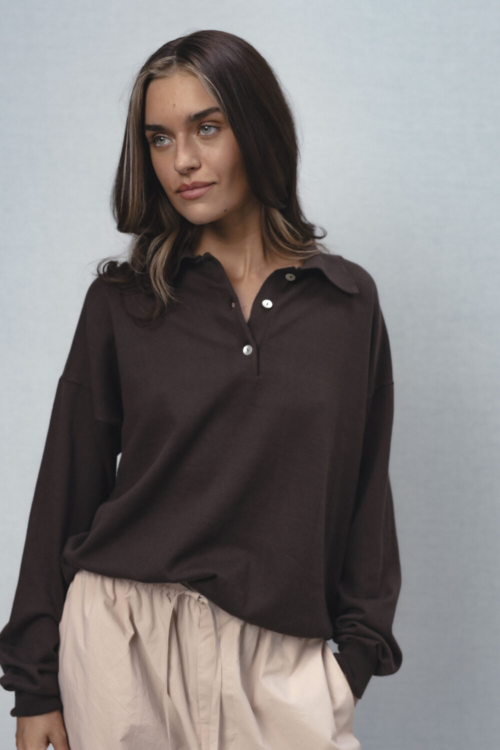 Women's clothing fashion. rose solid polosweater from unlabel ss/26 collection. Minimalist style, modern design, premium quality womenswear. Made in Lithuania.