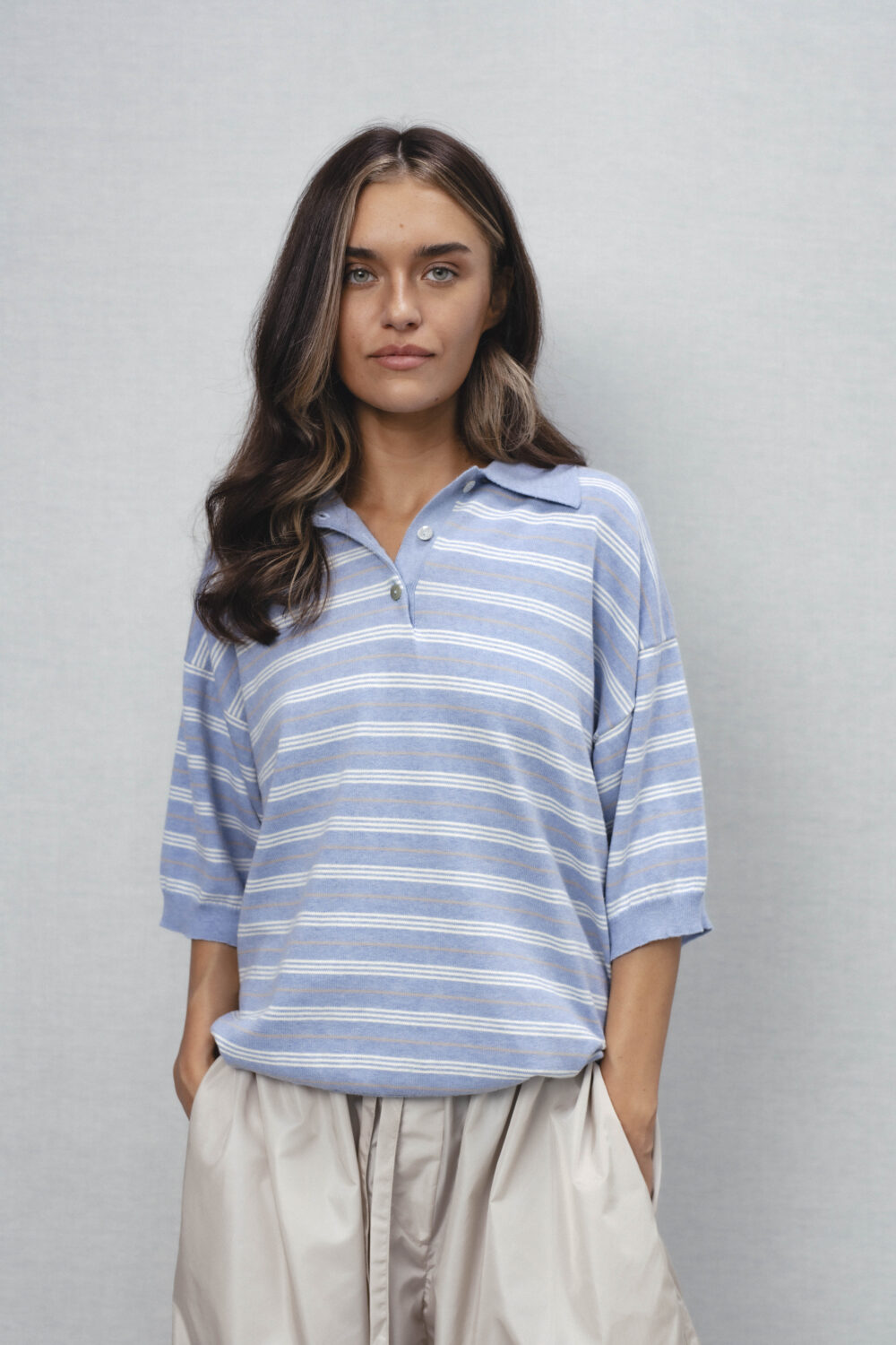 Women's clothing fashion. umbra polotop stiped from unlabel ss/26 collection. Minimalist style, modern design, premium quality womenswear. Made in Lithuania.